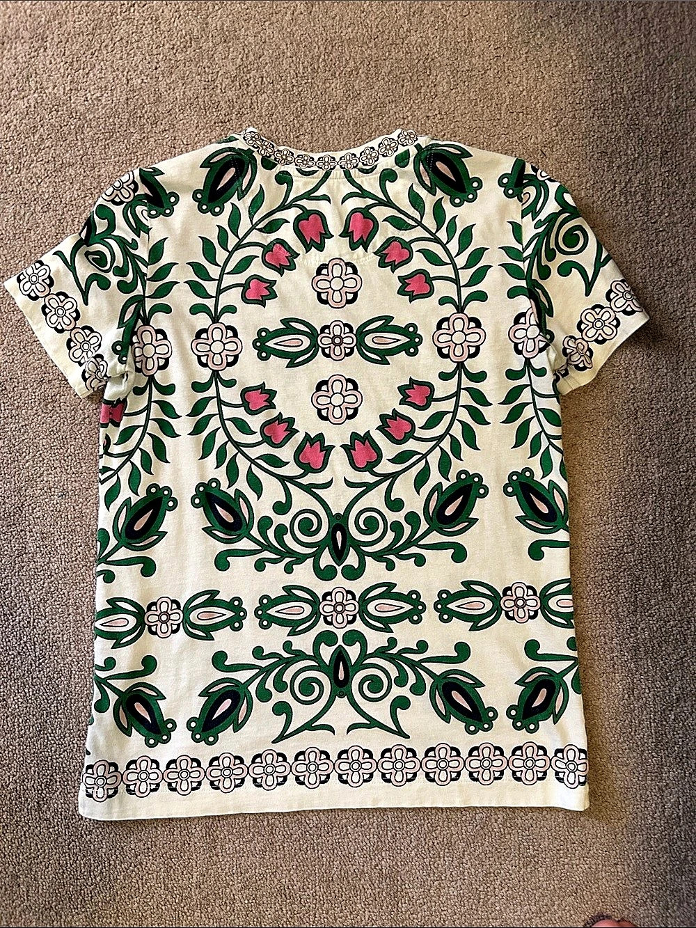 Tory Burch Floral Print Short Sleeve Top in Green & Cream Like New